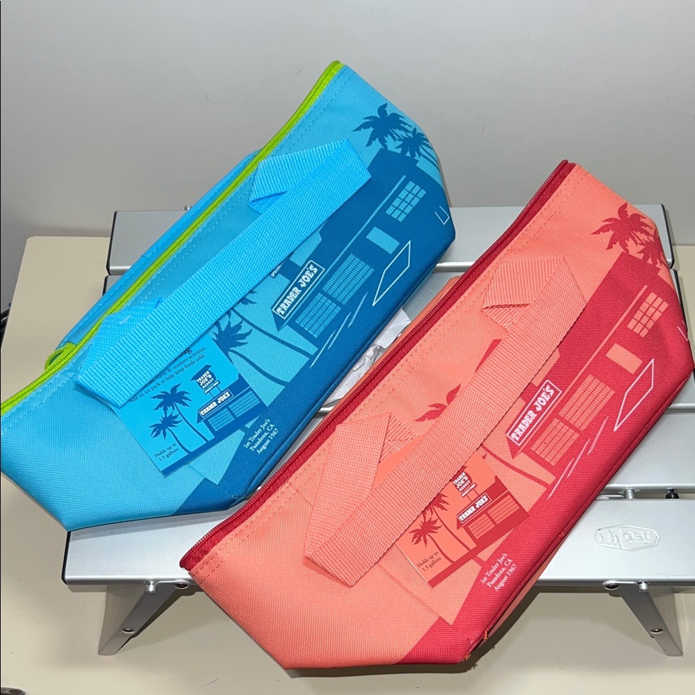 Trader Joe’s Mini Insulated Bag Set of 2, Coral and Blue w/Lime Green Accents